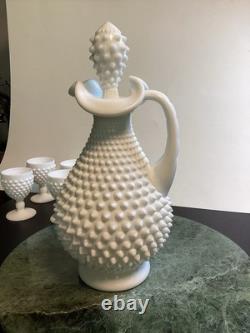 Fenton White Milk Glass Hobnail Wine Set Decanter with Stopper and 6 Goblets