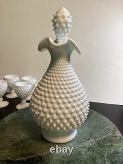 Fenton White Milk Glass Hobnail Wine Set Decanter with Stopper and 6 Goblets