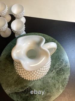 Fenton White Milk Glass Hobnail Wine Set Decanter with Stopper and 6 Goblets