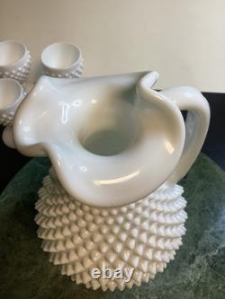Fenton White Milk Glass Hobnail Wine Set Decanter with Stopper and 6 Goblets