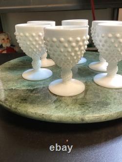 Fenton White Milk Glass Hobnail Wine Set Decanter with Stopper and 6 Goblets