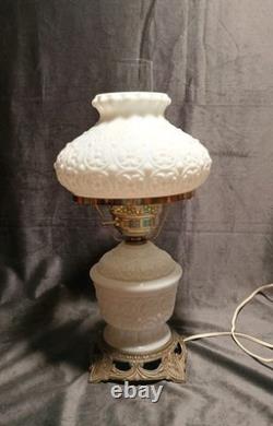 Fenton White Milk Glass Hurricane Lamp Bows & Dots Floral 17.5 Brass Base