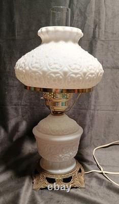 Fenton White Milk Glass Hurricane Lamp Bows & Dots Floral 17.5 Brass Base
