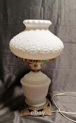 Fenton White Milk Glass Hurricane Lamp Bows & Dots Floral 17.5 Brass Base