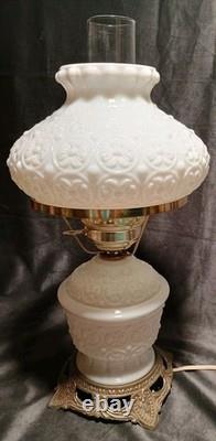 Fenton White Milk Glass Hurricane Lamp Bows & Dots Floral 17.5 Brass Base