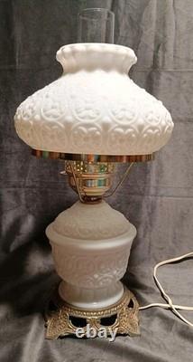 Fenton White Milk Glass Hurricane Lamp Bows & Dots Floral 17.5 Brass Base