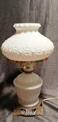 Fenton White Milk Glass Hurricane Lamp Bows & Dots Floral 17.5 Brass Base