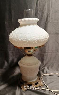 Fenton White Milk Glass Hurricane Lamp Bows & Dots Floral 17.5 Brass Base