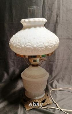 Fenton White Milk Glass Hurricane Lamp Bows & Dots Floral 17.5 Brass Base