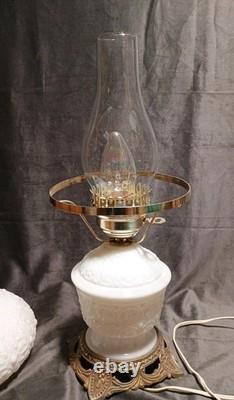 Fenton White Milk Glass Hurricane Lamp Bows & Dots Floral 17.5 Brass Base