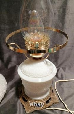 Fenton White Milk Glass Hurricane Lamp Bows & Dots Floral 17.5 Brass Base