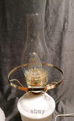 Fenton White Milk Glass Hurricane Lamp Bows & Dots Floral 17.5 Brass Base