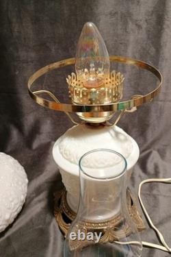 Fenton White Milk Glass Hurricane Lamp Bows & Dots Floral 17.5 Brass Base