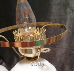 Fenton White Milk Glass Hurricane Lamp Bows & Dots Floral 17.5 Brass Base