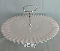 Fenton White Milk Glass Serving Platter Tray Crimped Edge Hobnail Handle Vintage