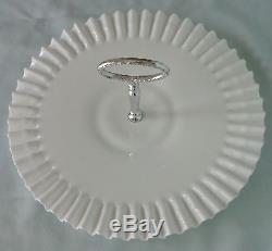 Fenton White Milk Glass Serving Platter Tray Crimped Edge Hobnail Handle Vintage