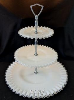 Fenton White Milk Glass Silver Crest 3 Tier Handled Tidbit Serving Tray