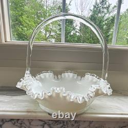 Fenton White & milk Glass Round Decorative Basket Ruffled Edge Handle 11x11x8