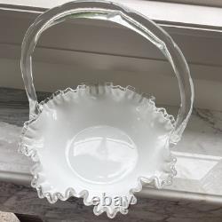 Fenton White & milk Glass Round Decorative Basket Ruffled Edge Handle 11x11x8