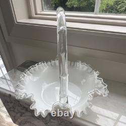 Fenton White & milk Glass Round Decorative Basket Ruffled Edge Handle 11x11x8