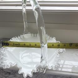 Fenton White & milk Glass Round Decorative Basket Ruffled Edge Handle 11x11x8