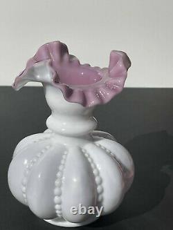 Fenton milk glass lilac cased ribbed melon vase