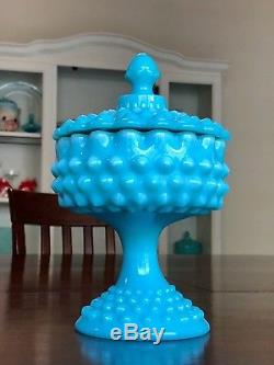Fenton turquoise milk glass hobnail footed compote candy dish with lid