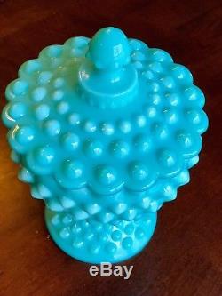 Fenton turquoise milk glass hobnail footed compote candy dish with lid