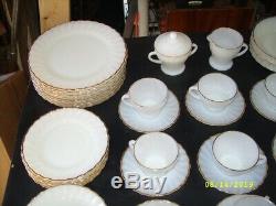 Fire King 64 Piece Set White Swirl Milk Glass with Gold Trim Anchor Hocking Dishes