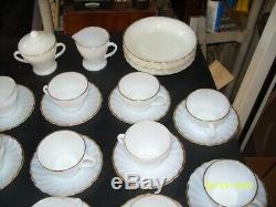 Fire King 64 Piece Set White Swirl Milk Glass with Gold Trim Anchor Hocking Dishes