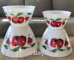 Fire King Apples & Cherries Milk Glass 4 Piece Splash Proof Mixing Bowl Set