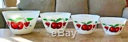 Fire King Apples & Cherries Milk Glass 4 Piece Splash Proof Mixing Bowl Set
