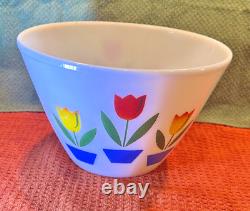 Fire King Large Mixing Bowl Tulips Flowers Off-White/Cream Color Milk Glass 9.5