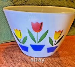 Fire King Large Mixing Bowl Tulips Flowers Off-White/Cream Color Milk Glass 9.5