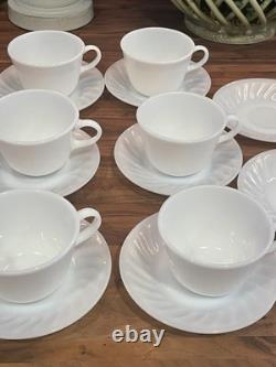 Fire King White Swirl Milk Glass Cup and Saucer Set Of 6 + 2 Extra Saucers