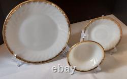 FireKing White Swirl Milk Glass Dishes withGold Trim. 6 Bowls, 6 Saucers, 8 Plates