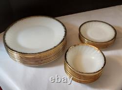 FireKing White Swirl Milk Glass Dishes withGold Trim. 6 Bowls, 6 Saucers, 8 Plates