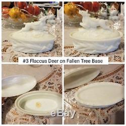 Flaccus Covered Dish DEER LEAPING OVER FALLEN TREE c1890's milk glass
