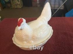 Fostoria White Milk Glass Chicken on a Nest with 1/2 Red top and Eye