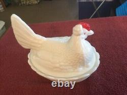Fostoria White Milk Glass Chicken on a Nest with 1/2 Red top and Eye