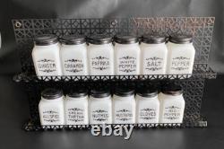 Frank Tea & Spice Co Dove Brand 12 White Milk Glass Spice Jars on Metal Rack