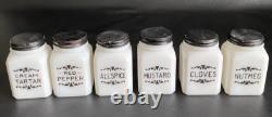 Frank Tea & Spice Co Dove Brand 12 White Milk Glass Spice Jars on Metal Rack