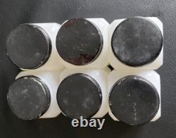 Frank Tea & Spice Co Dove Brand 12 White Milk Glass Spice Jars on Metal Rack
