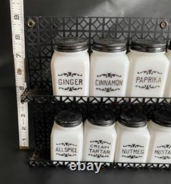 Frank Tea & Spice Co Dove Brand 12 White Milk Glass Spice Jars on Metal Rack
