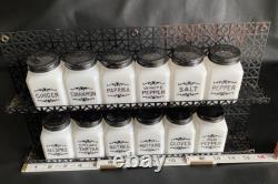 Frank Tea & Spice Co Dove Brand 12 White Milk Glass Spice Jars on Metal Rack