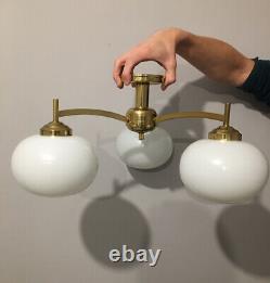 Franklite Brass Pendant Lights With Milk Glass Lampshades. Vintage