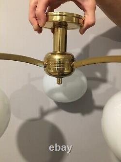 Franklite Brass Pendant Lights With Milk Glass Lampshades. Vintage