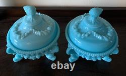 French Blue Opaline Milk Glass Argonaut Dish, Sea Serpent Feet 2Vintage MCM Rare