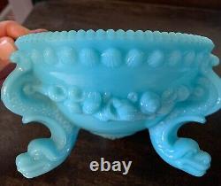 French Blue Opaline Milk Glass Argonaut Dish, Sea Serpent Feet 2Vintage MCM Rare