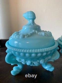 French Blue Opaline Milk Glass Argonaut Dish, Sea Serpent Feet 2Vintage MCM Rare